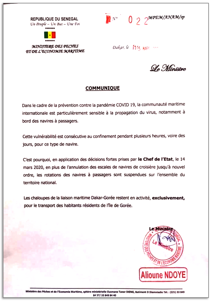 Communiqué du Ministre des Pêches et de l’Économie Maritime